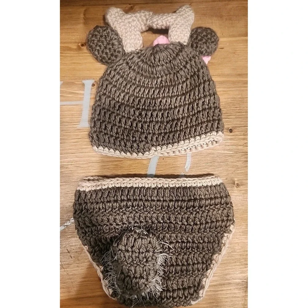 CROCHET CHRISTMAS‎ REINDEER BABY HAT DIAPER SET Infant Beanie Photo Prop 0-6